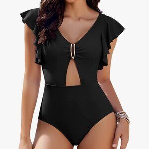 Ai’mage 1-piece swimsuit tummy control cutout ruffle Lg Black
